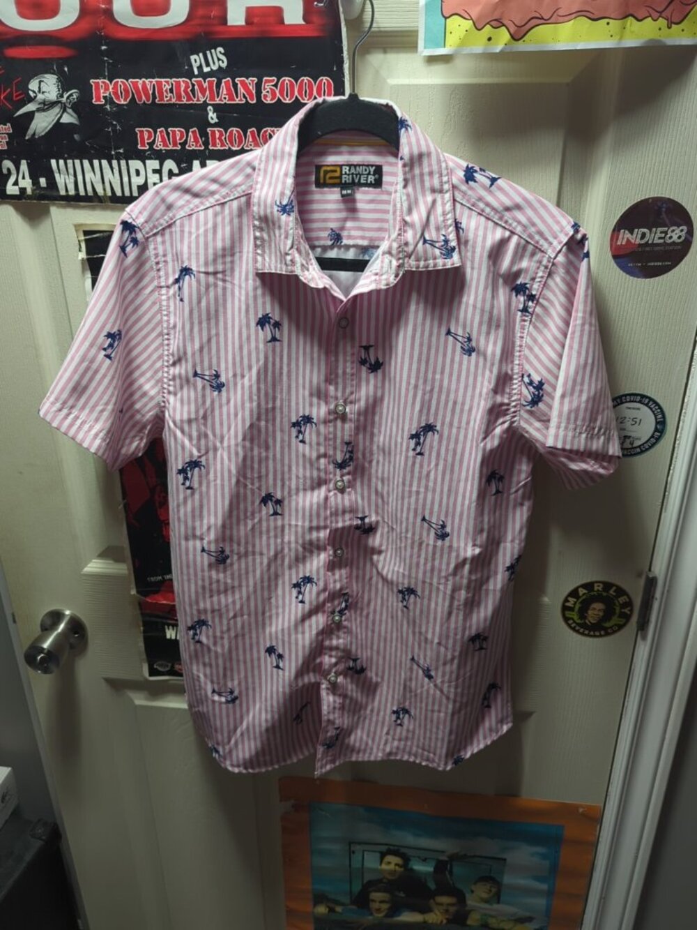 Randy River Hawaiian Shirt Medium Palm Print Vertical Stripes Short Sleeve Y2K